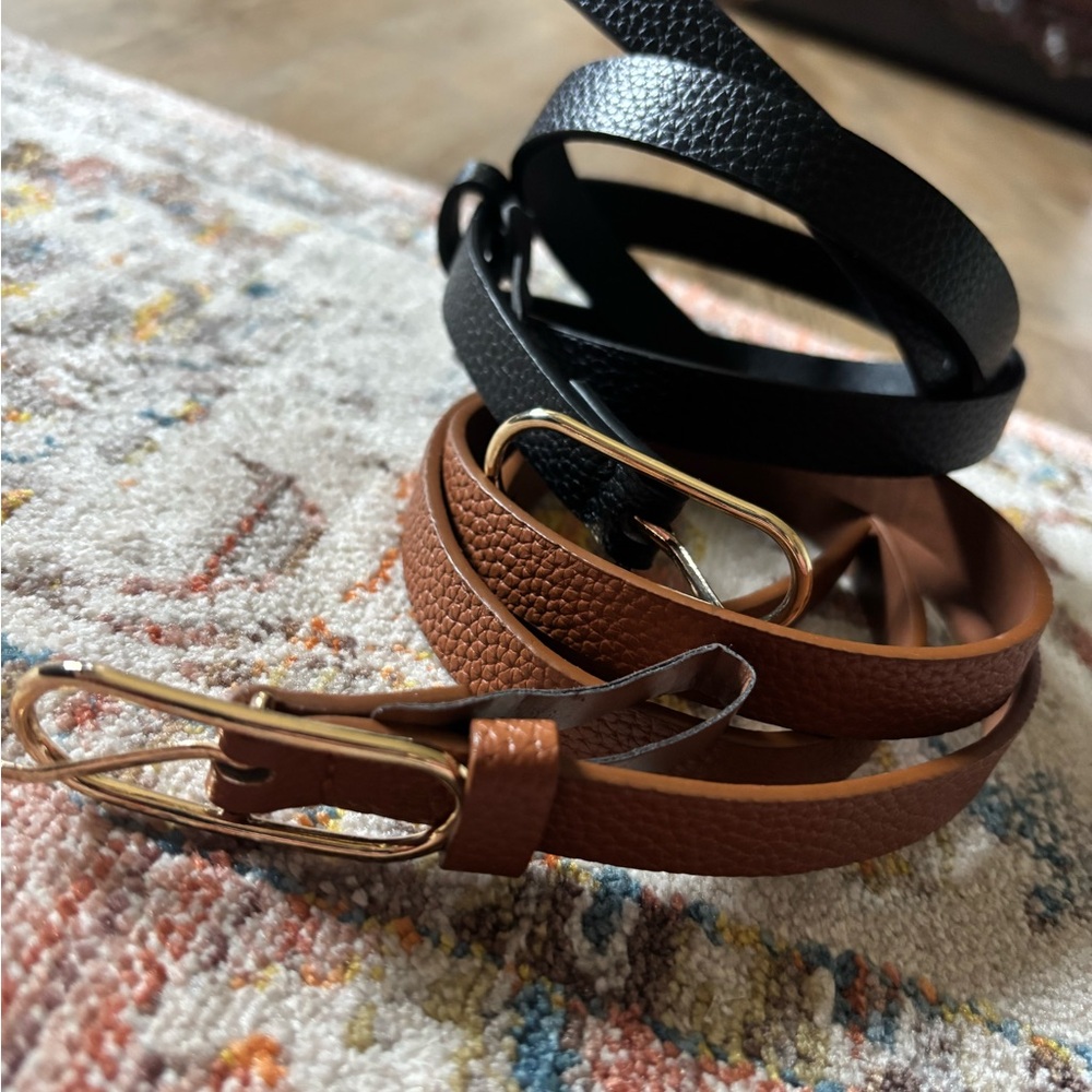 Black and Brown Vegan Leather Skinny Belts with Gold Buckles